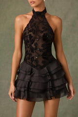 Embellished Ruffled Halterneck Mini Dress in Black