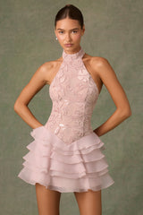 Embellished Ruffled Halterneck Mini Dress in Dusty Rose