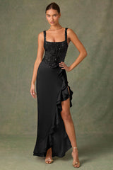 Embellished Ruffle-Trim Corset Gown in Black