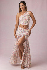 Asymmetric Ruched Maxi Skirt in Primrose Floral Print
