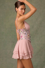 Embellished Ruffled Corset Mini Dress in Floral Pink