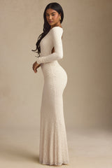 Ruched Backless Lace Maxi Dress in Ivory