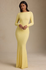 Ruched Backless Lace Maxi Dress in Pastel Yellow