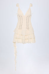 Lace-Up Ruffled Tiered Mini Dress in Ivory
