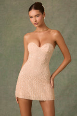 Embellished Sweetheart-Neck A-Line Mini Dress in Apricot