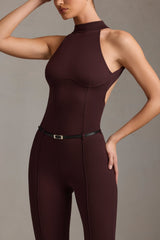 Backless Turtleneck Jumpsuit in Chocolate Brown