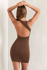 High Neck Open Back Racer Mini Dress in Brown