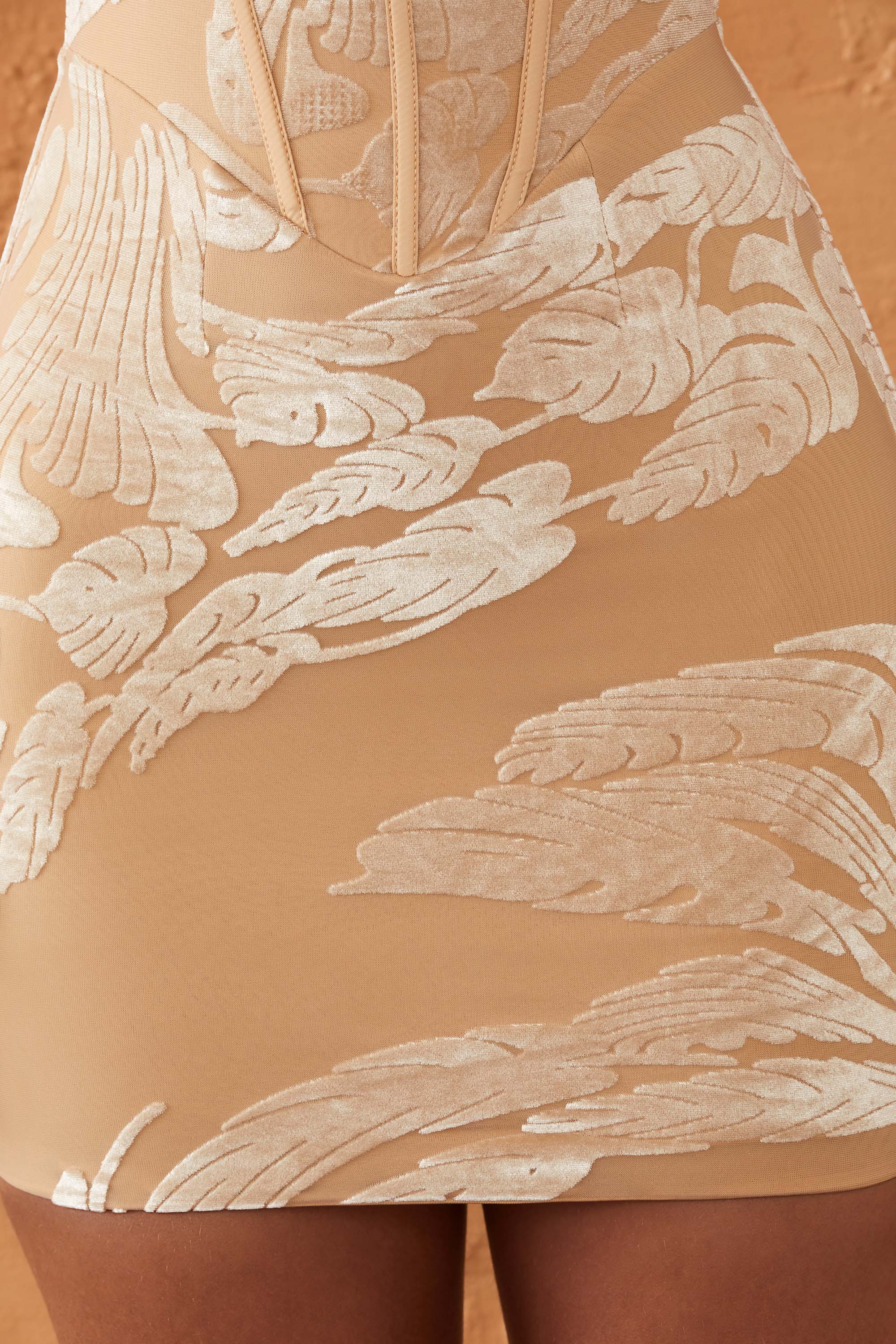 Ring Detail Corset Mini Dress in Beige Print