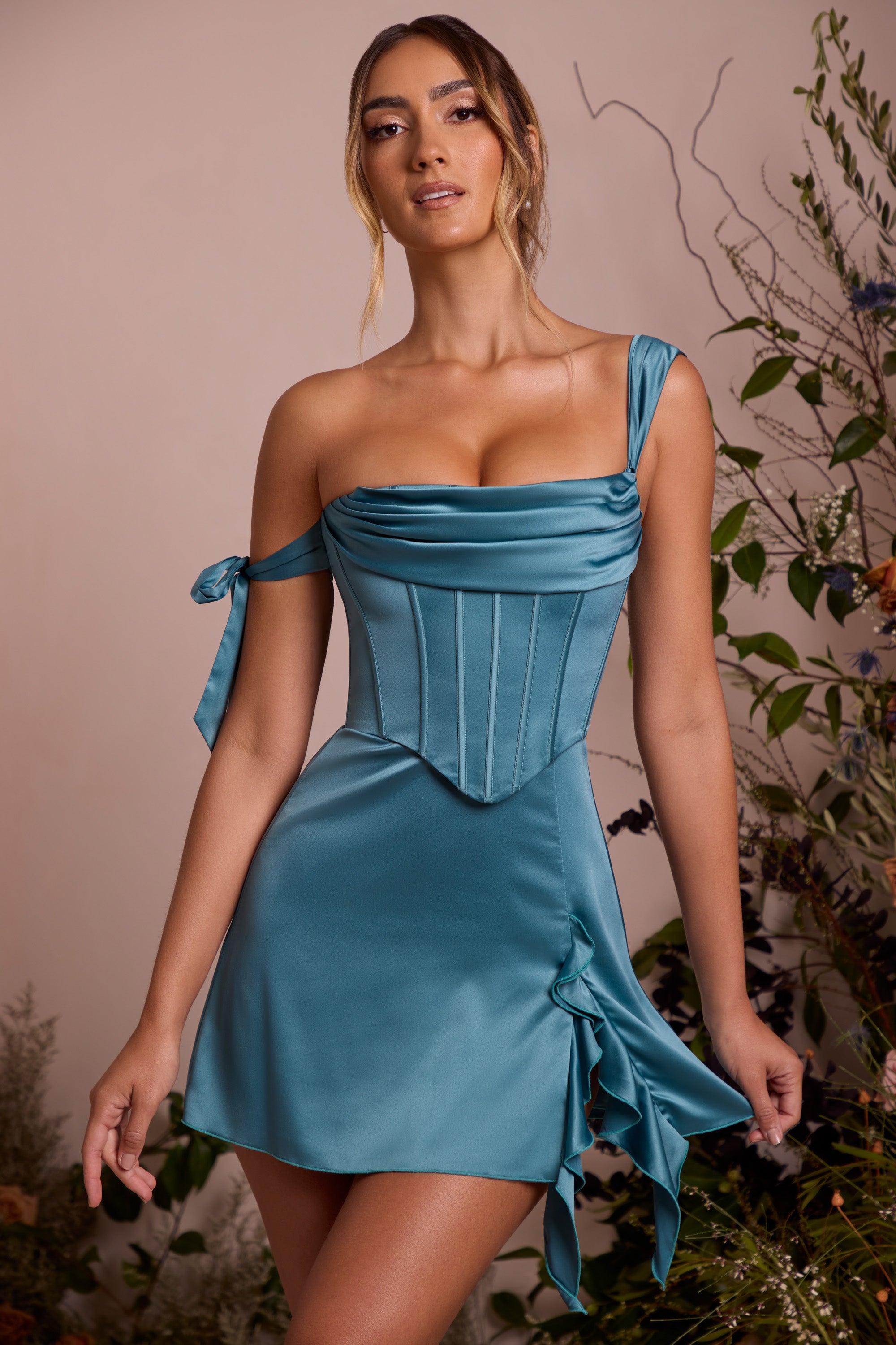 Off Shoulder Corset Mini Dress in Teal