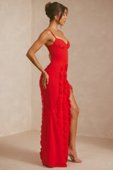 Corset Frill Skirt Maxi Dress in Scarlet Red