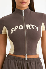 Colourblock Zip-Up Crop Top in Espresso