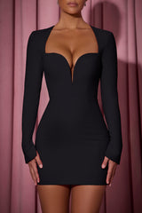 Cut-Out Heart-Detail Bodycon Mini Dress in Black