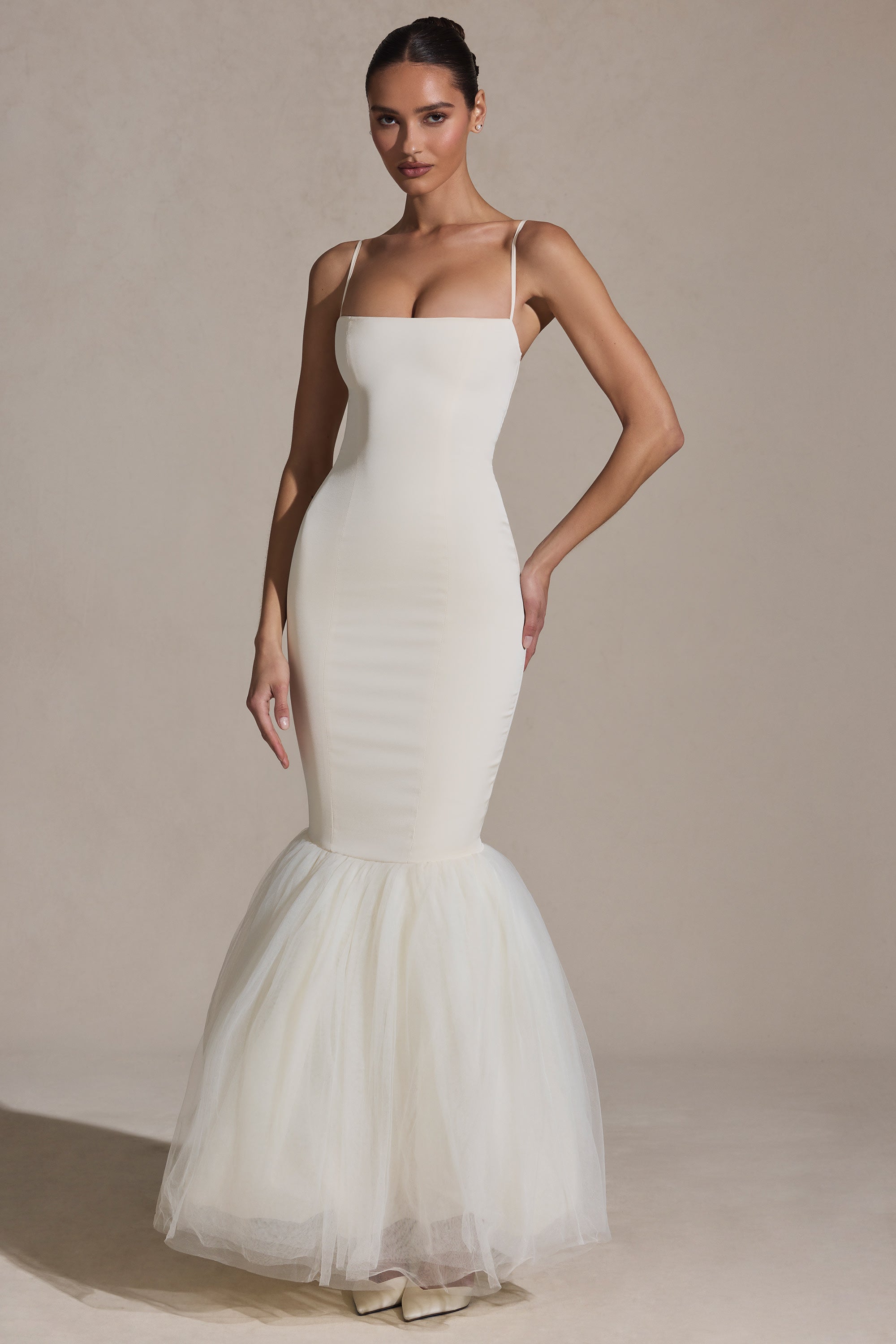 Tulle Hem Fishtail Gown in Ivory