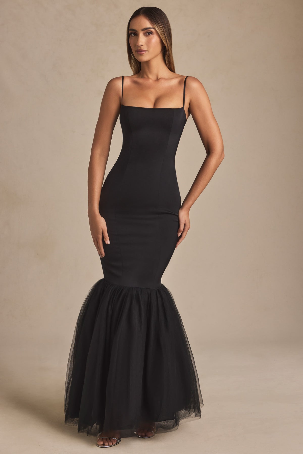 Tulle Hem Fishtail Gown in Black