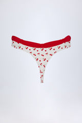Contrast Belted Thong Bikini Bottoms in Cherry Print