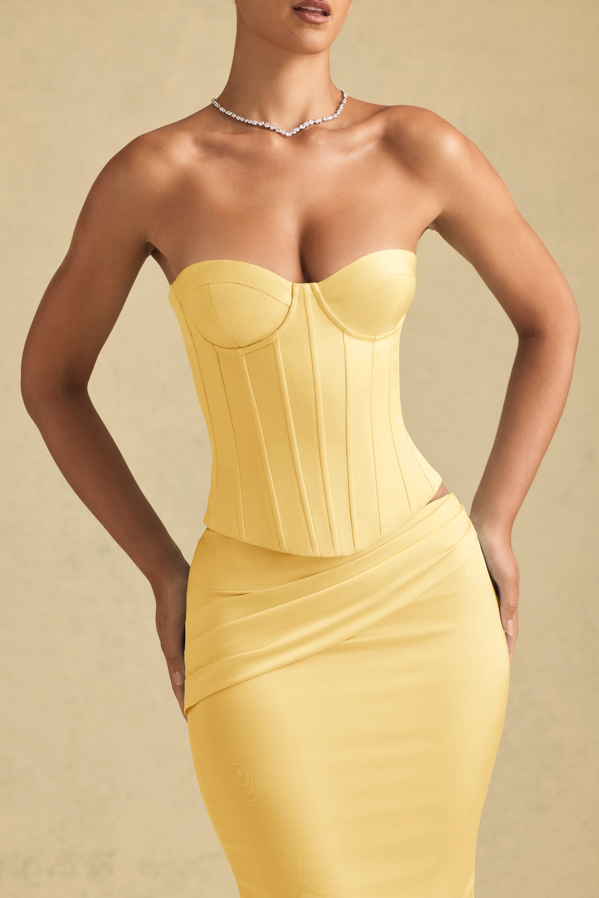 Full-Length Lace-Up Corset Top in Pastel Yellow