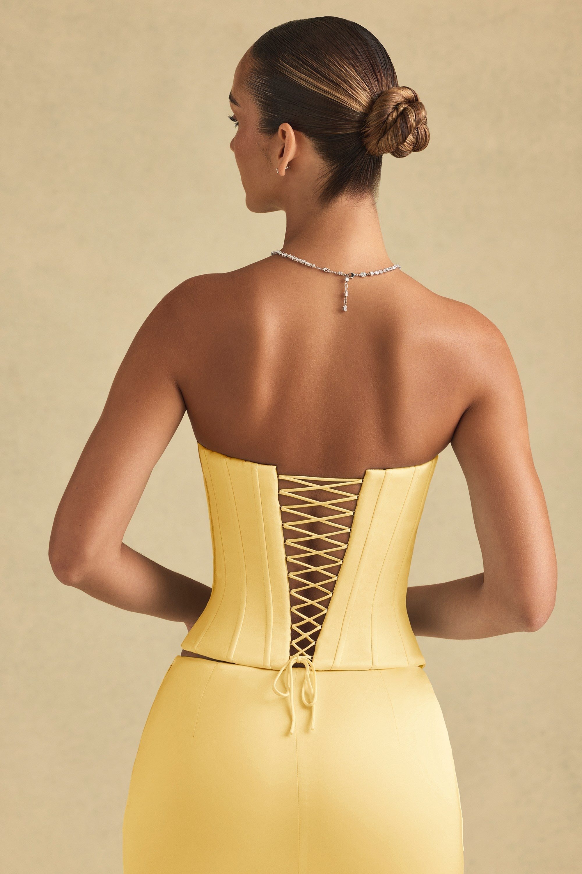 Full-Length Lace-Up Corset Top in Pastel Yellow