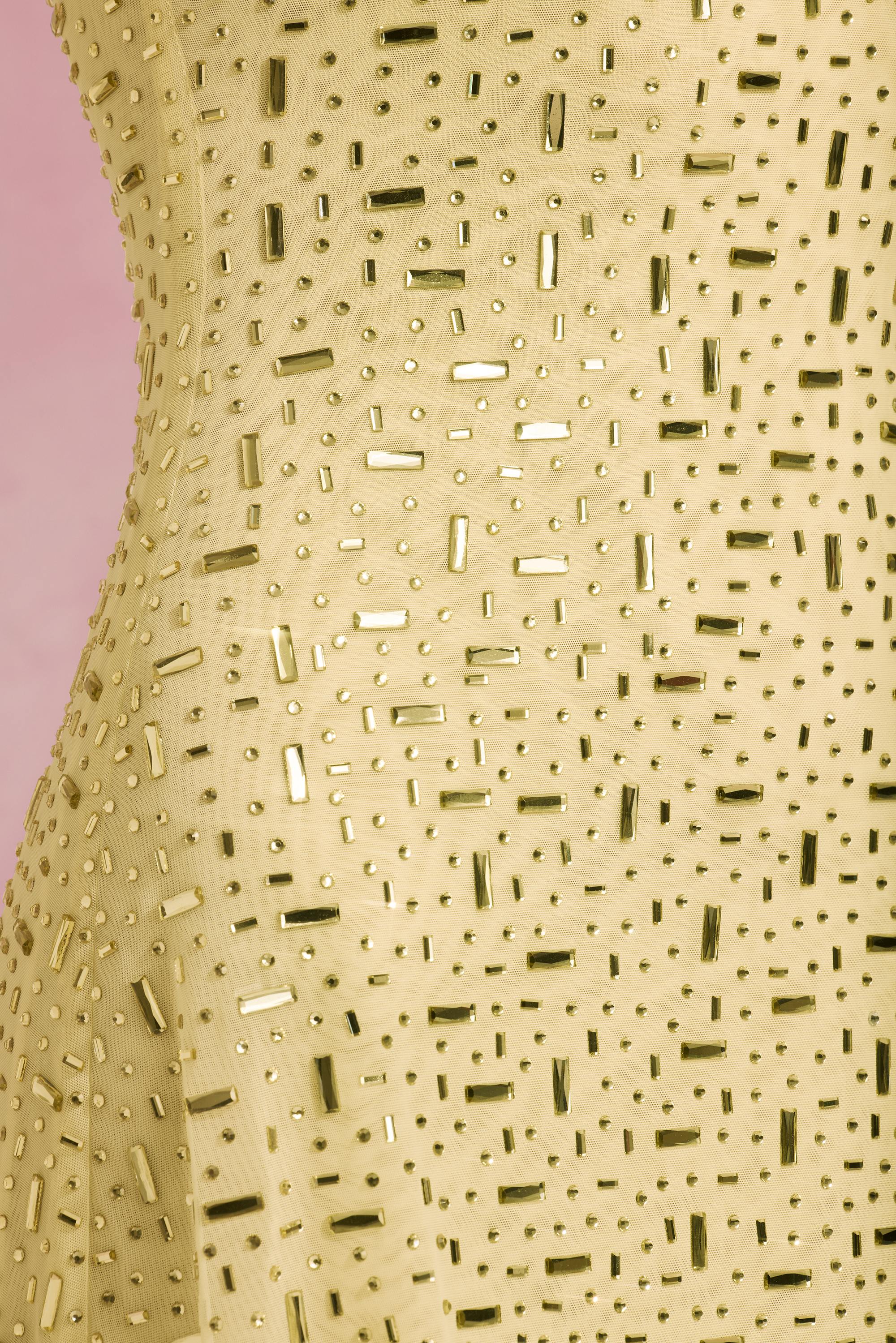 Sheer Embellished Square-Neck Mini Dress in Yellow