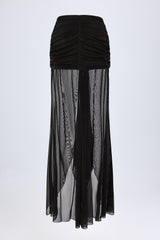 Ruched Hardware-Detail Fishtail Maxi Skirt in Black