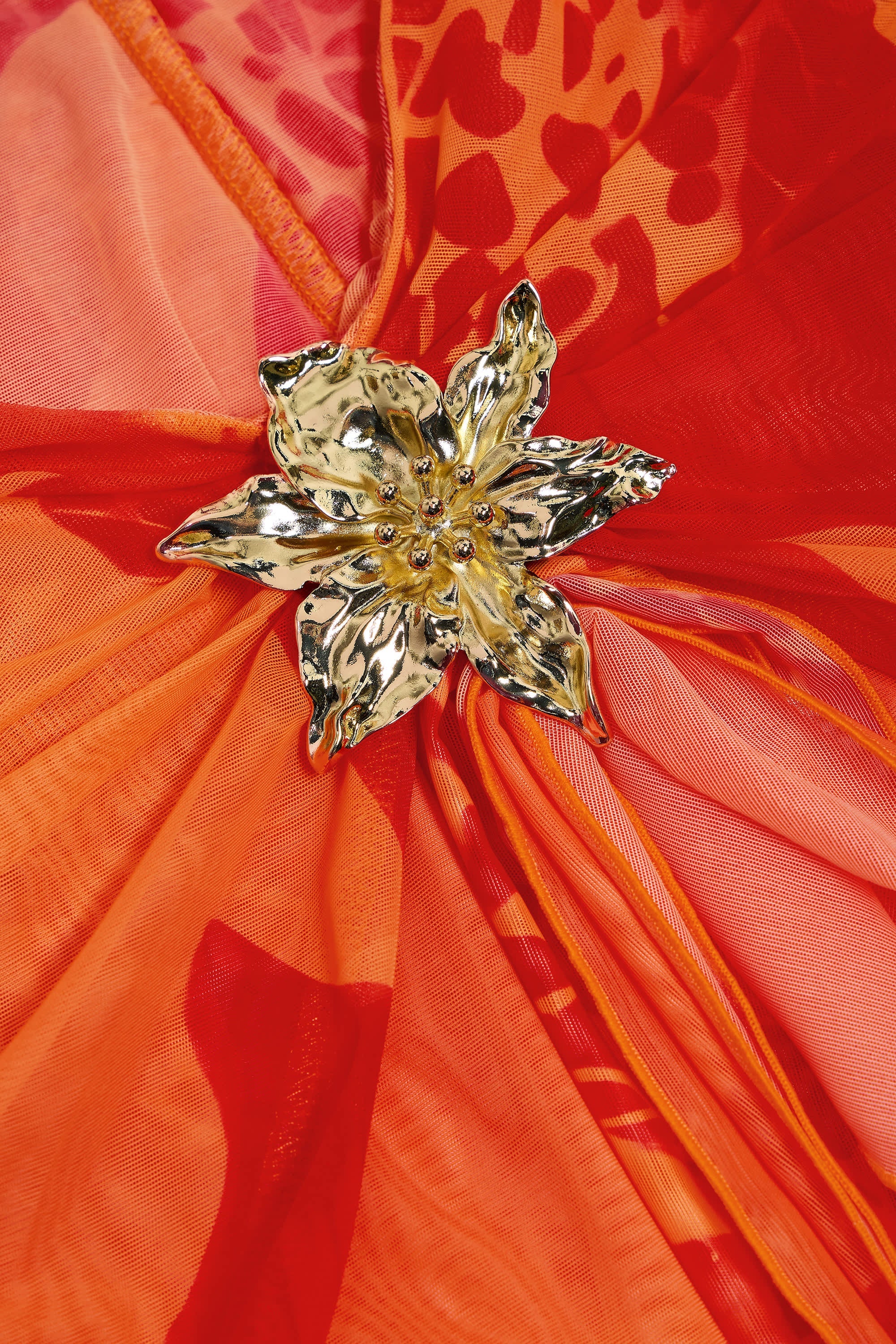 Ruched Hardware-Detail Fishtail Maxi Skirt in Orange Orchid Print