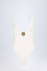 Cut-Out Hardware-Detail Swimsuit in White