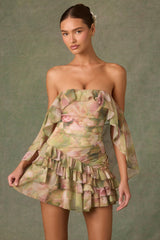 Off-Shoulder Ruffled Mini Dress in Floral Multi Print