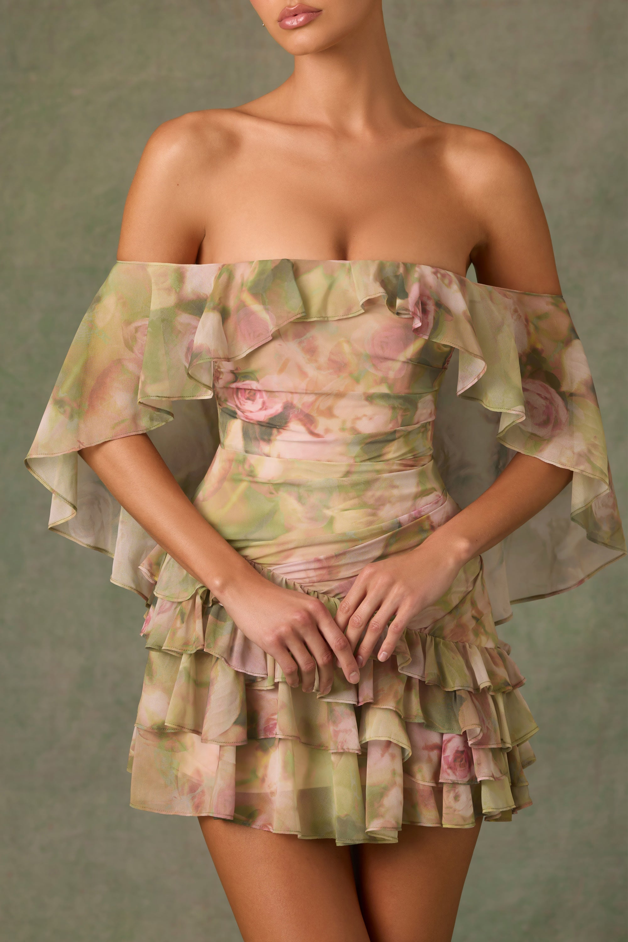 Off-Shoulder Ruffled Mini Dress in Floral Multi Print