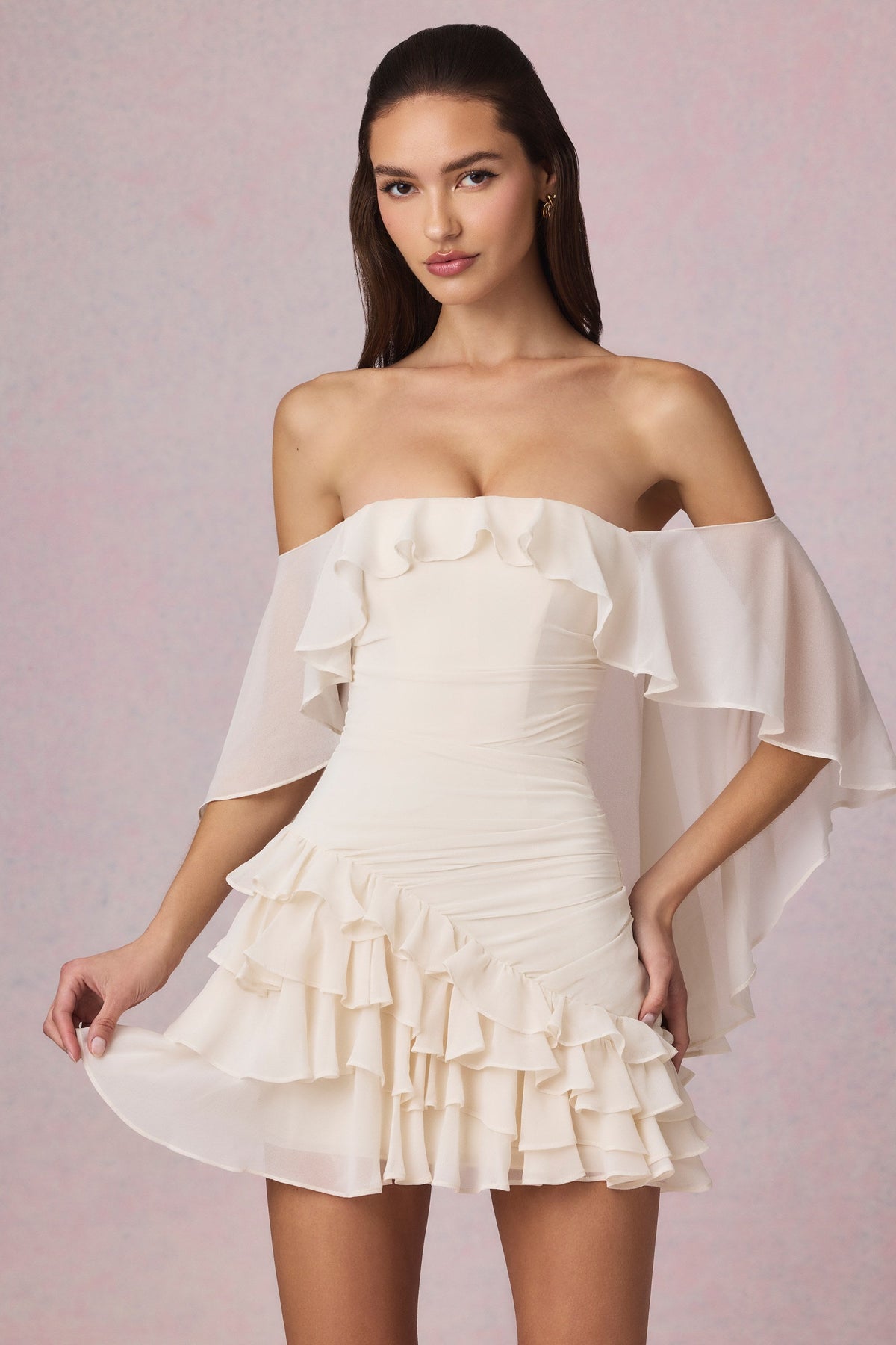 Off-Shoulder Ruffled Mini Dress in Ivory
