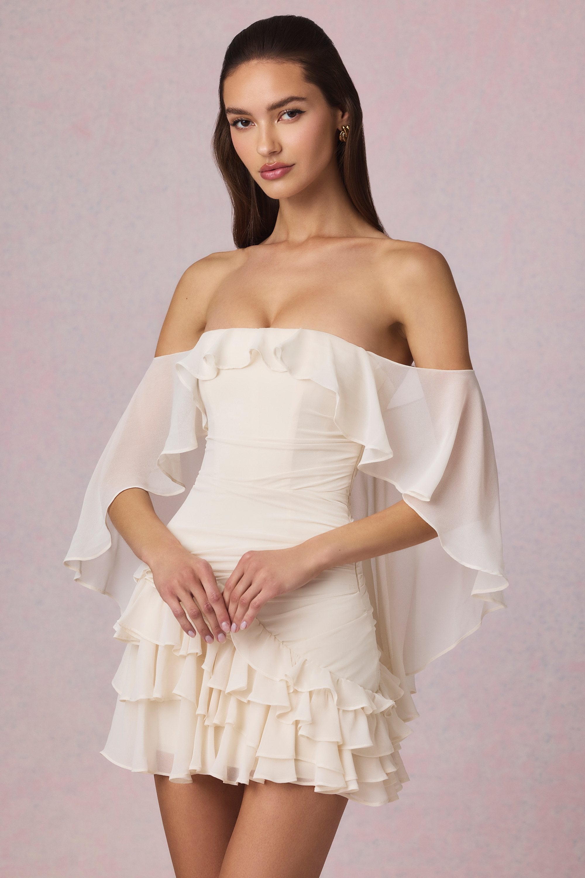 Off-Shoulder Ruffled Mini Dress in Ivory