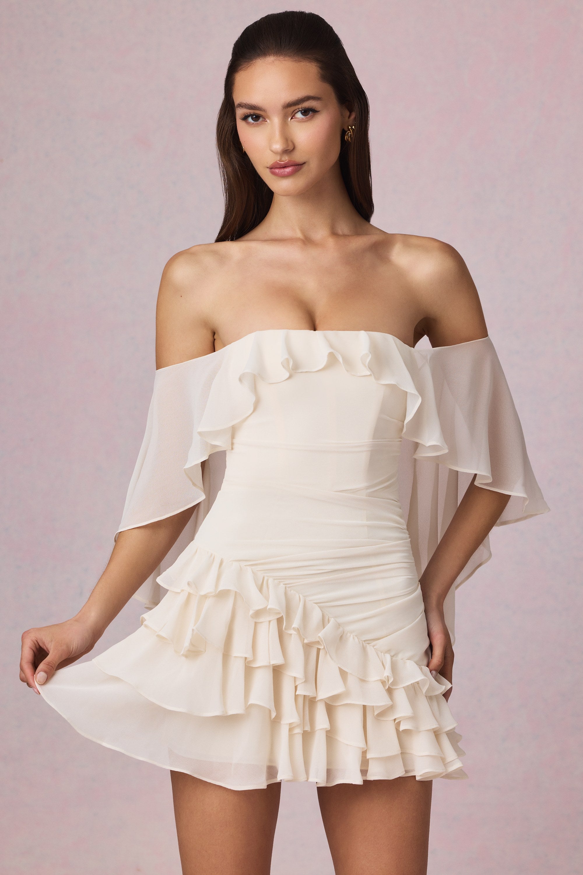 Off-Shoulder Ruffled Mini Dress in Ivory