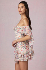 Off-Shoulder Ruffled Mini Dress in Primrose Floral Print