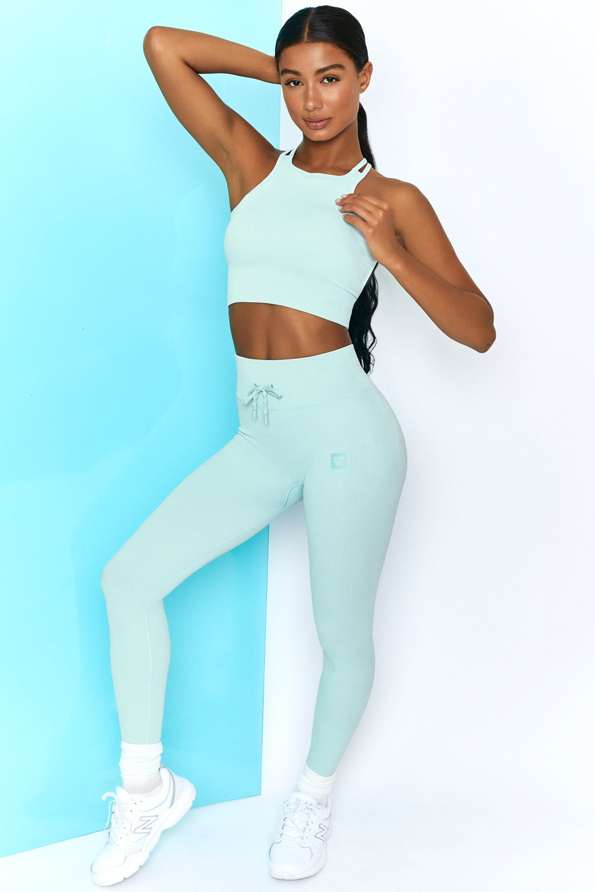 Ribbed Tie Front Full Length Leggings in Light Blue