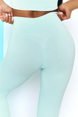 Ribbed Tie Front Full Length Leggings in Light Blue