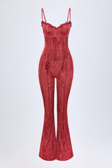 Lace-Up Ruffled Flared Jumpsuit in Red Print
