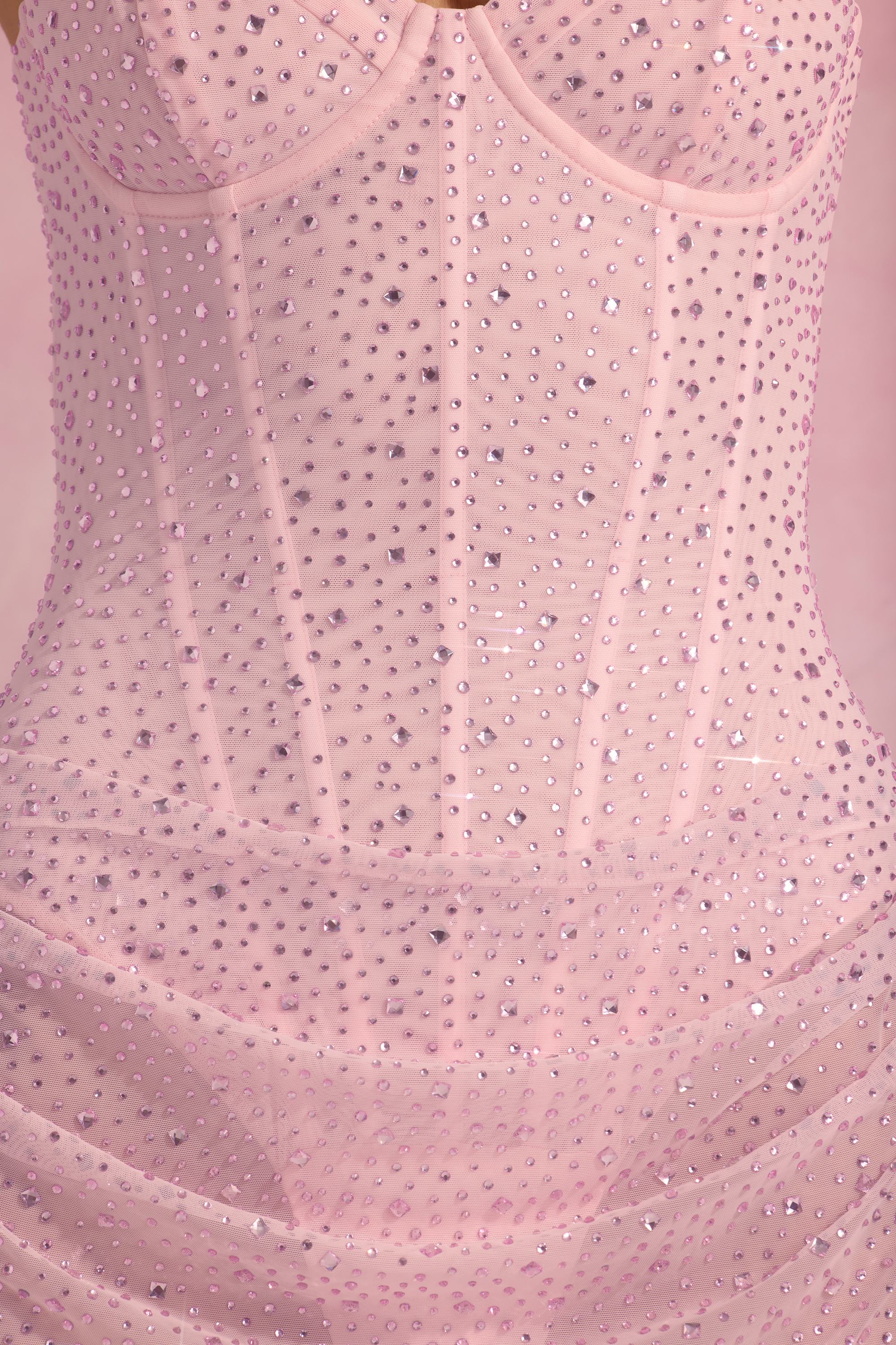 Semi-Sheer Embellished Draped Corset Mini Dress in Pink