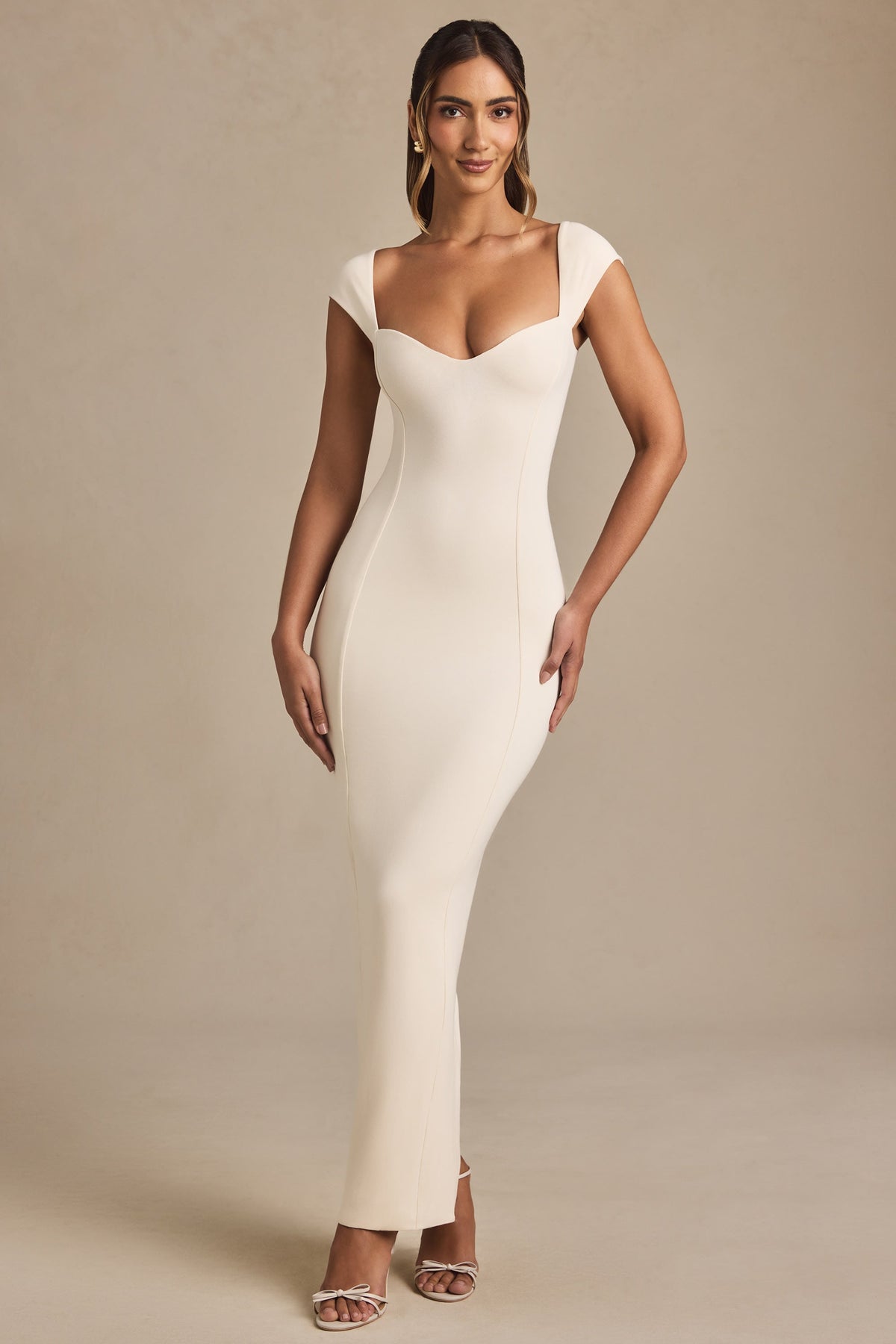 Modal Sweetheart-Neck Cap-Sleeve Midaxi Dress in Ivory