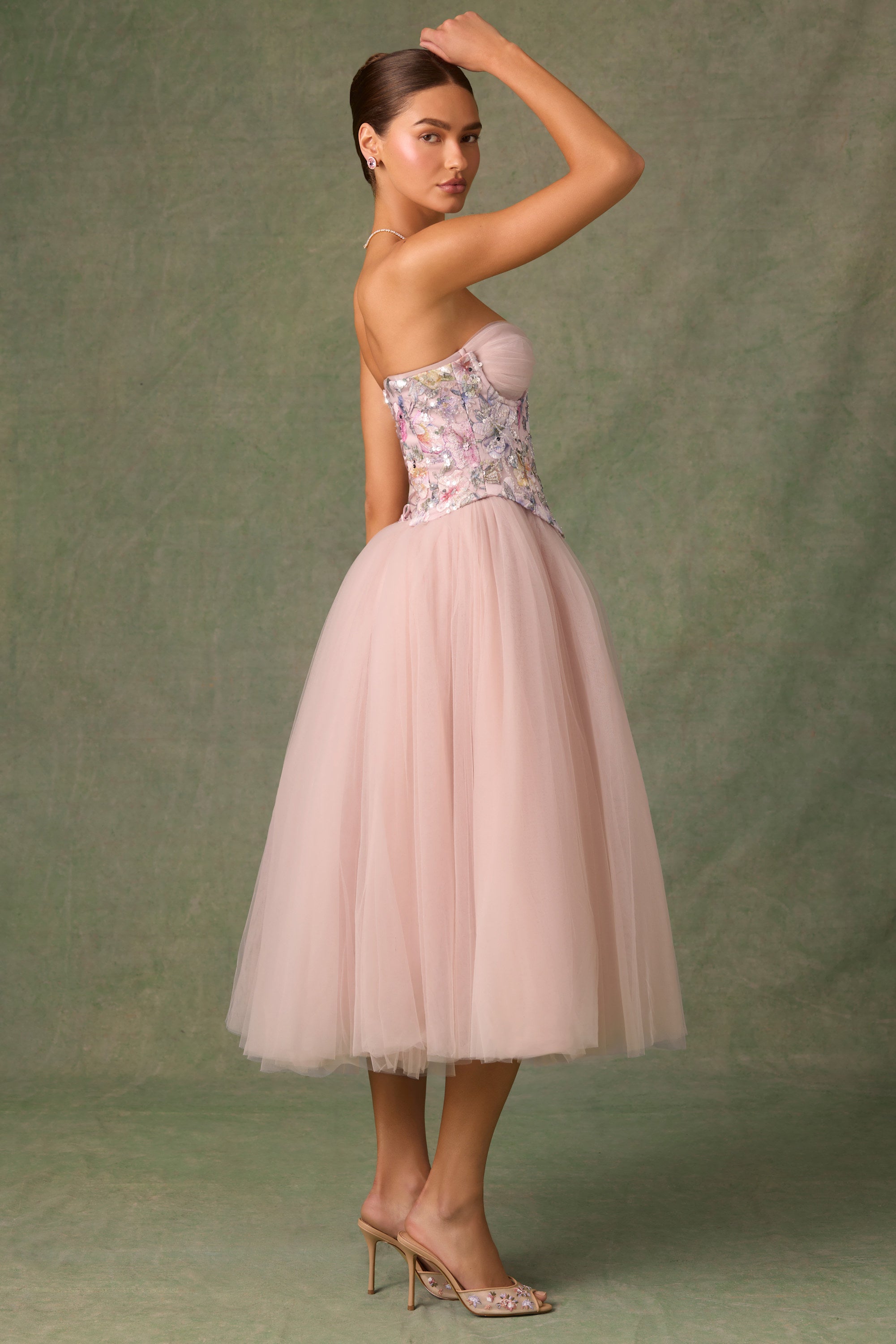 Embellished Lace-Up Cupless Corset in Floral Pink