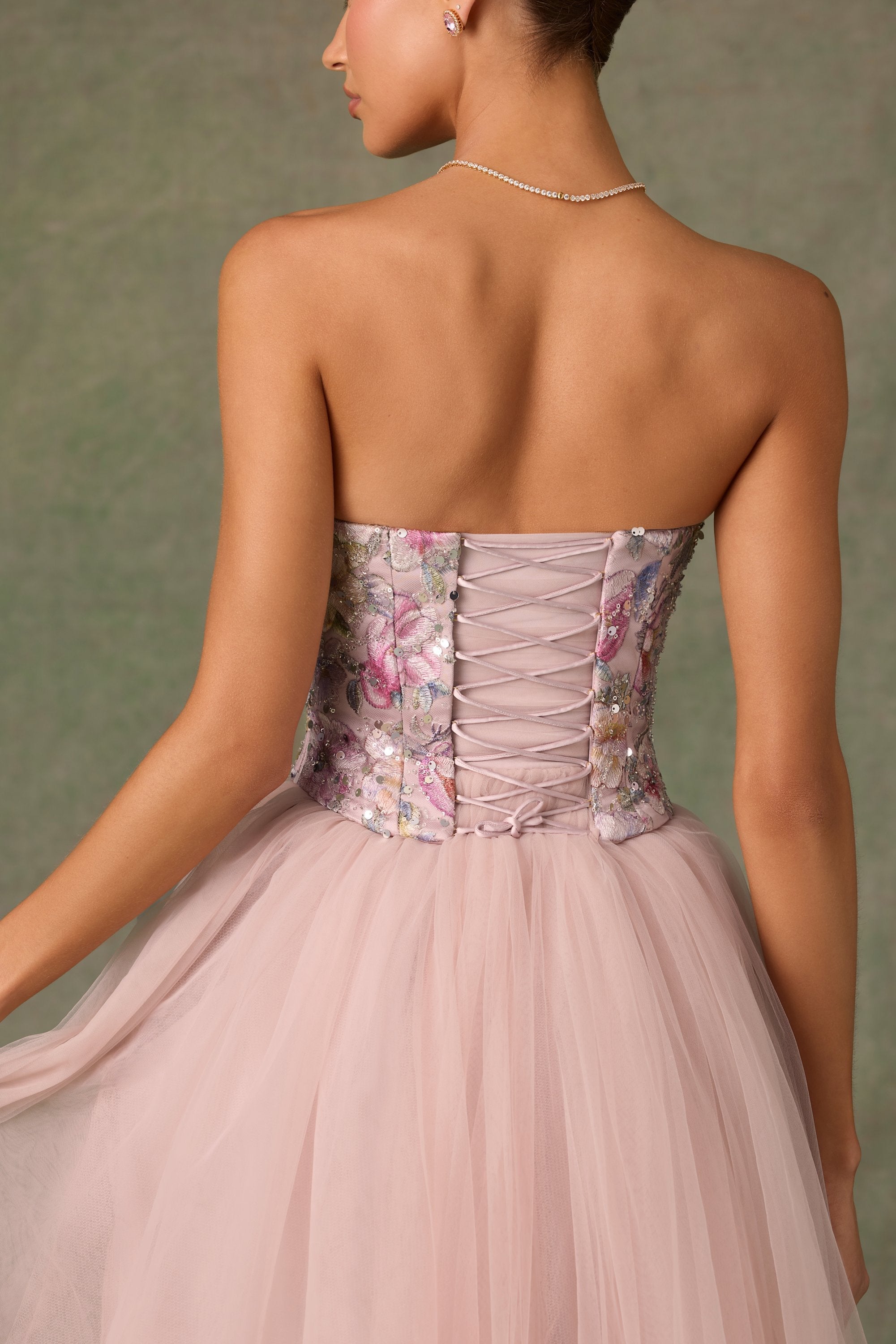 Embellished Lace-Up Cupless Corset in Floral Pink