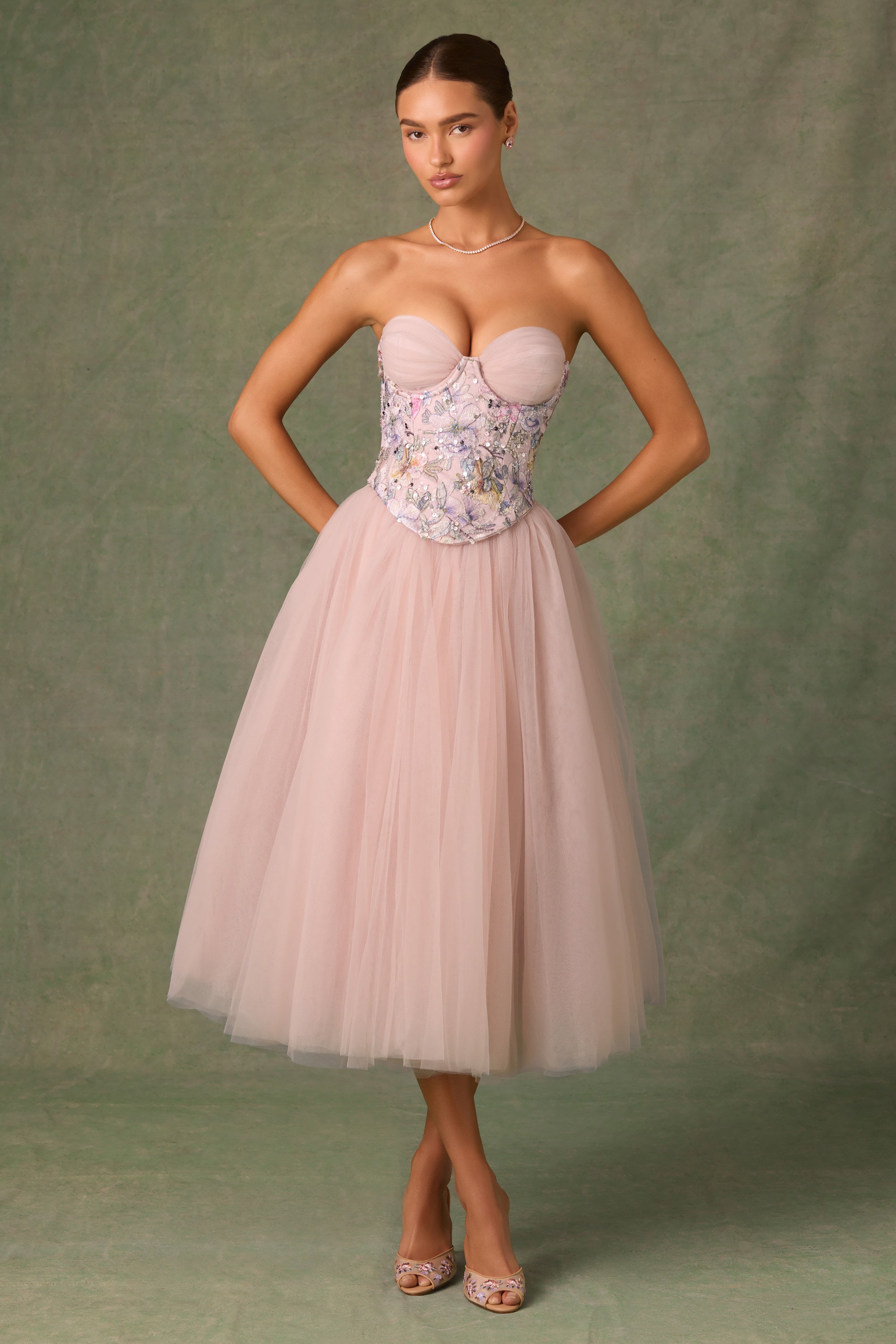 Embellished Lace-Up Cupless Corset in Floral Pink