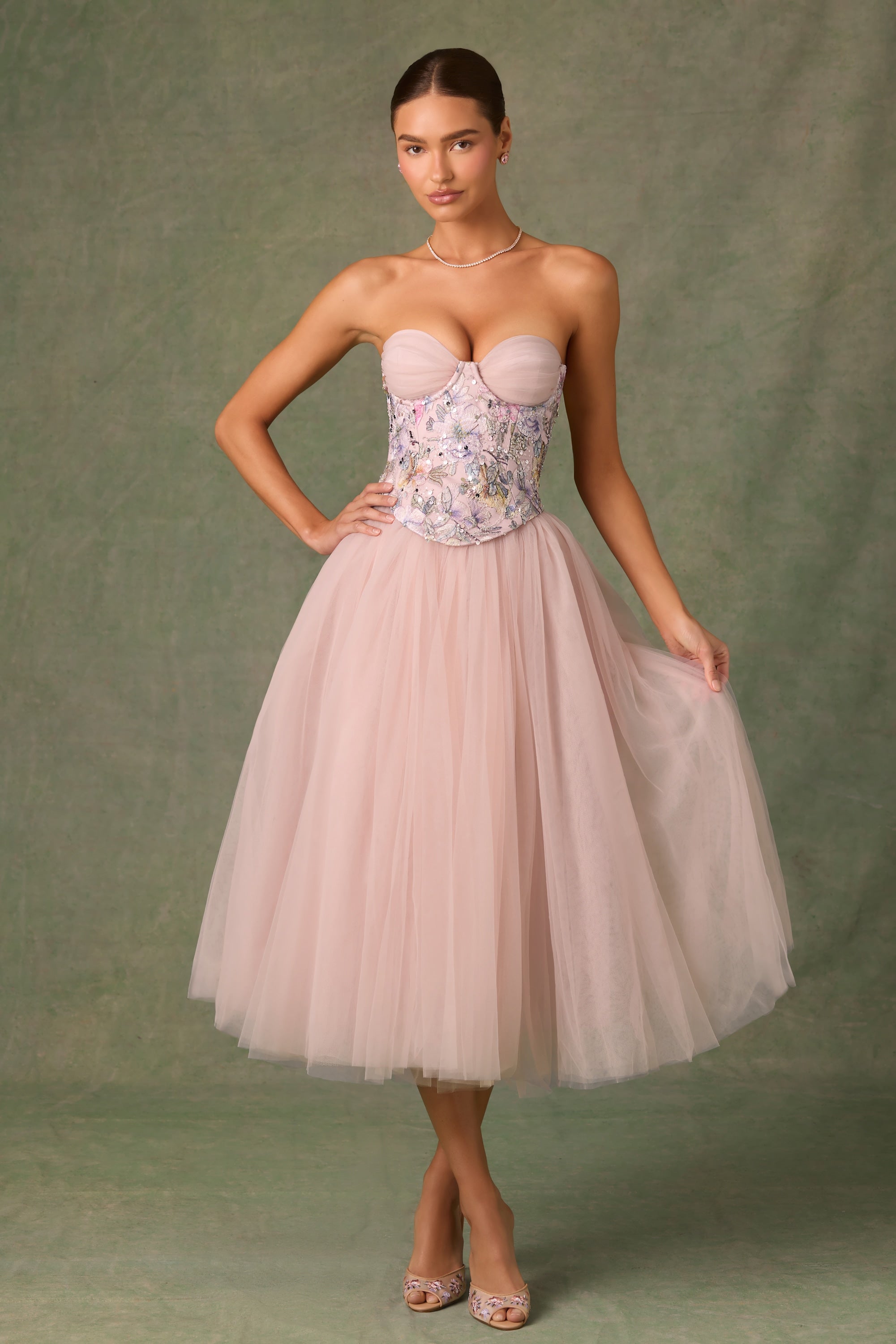 Embellished Lace-Up Cupless Corset in Floral Pink