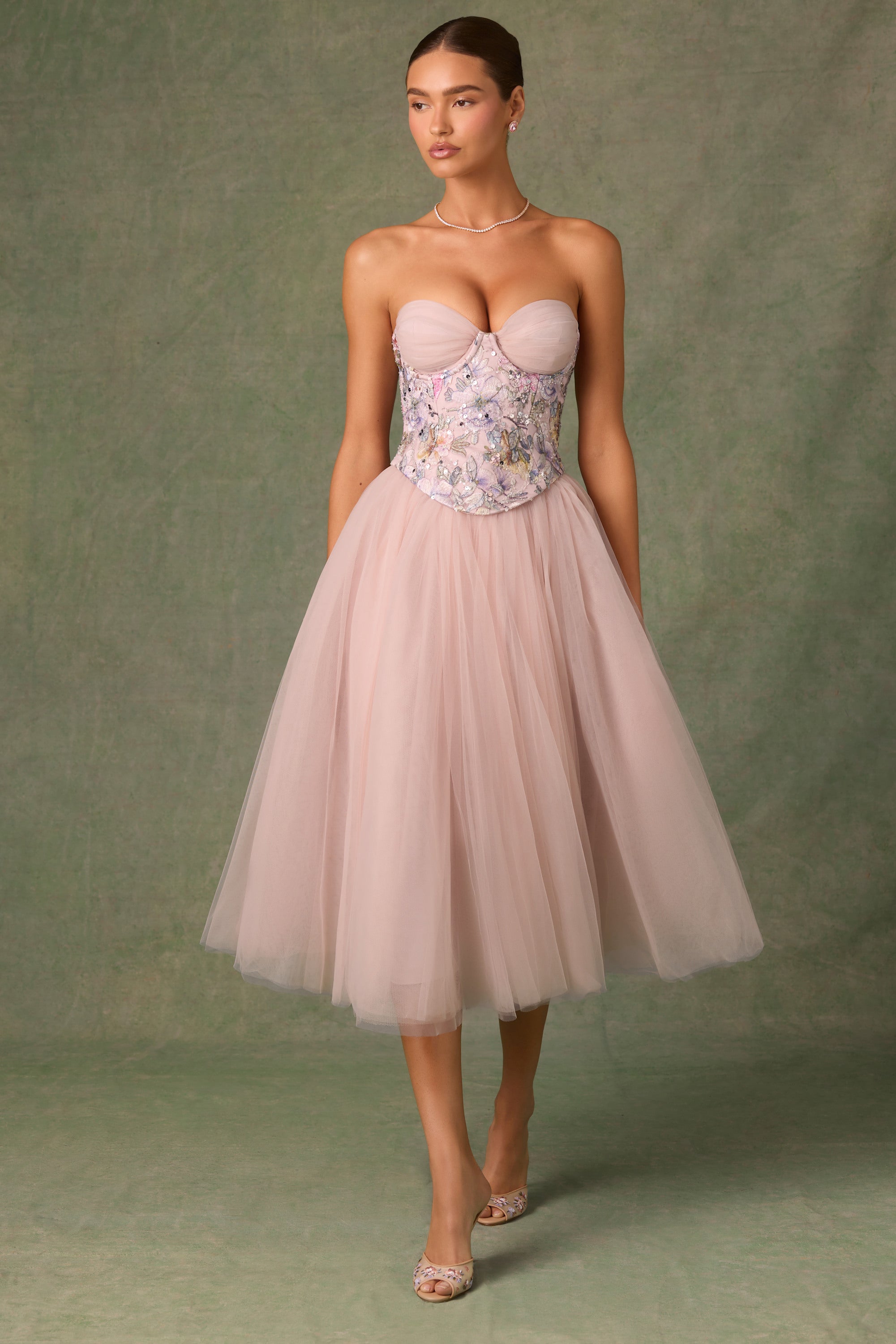 Embellished Lace-Up Cupless Corset in Floral Pink