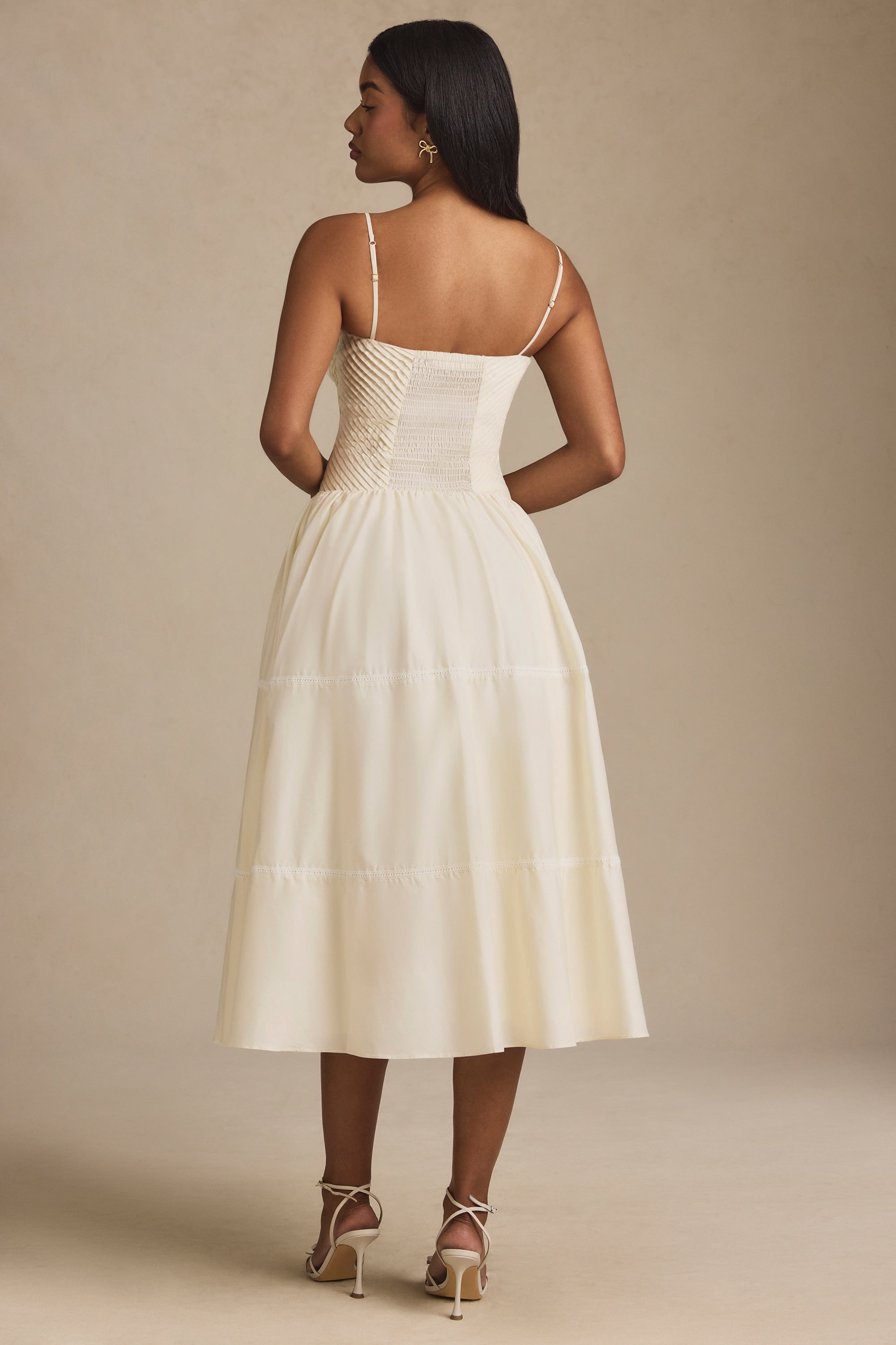 Lace-Trim Pintucked Poplin Midaxi Dress in Ivory