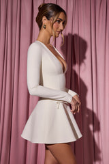 Bow-Detail Plunge-Neck A-Line Mini Dress in Ivory