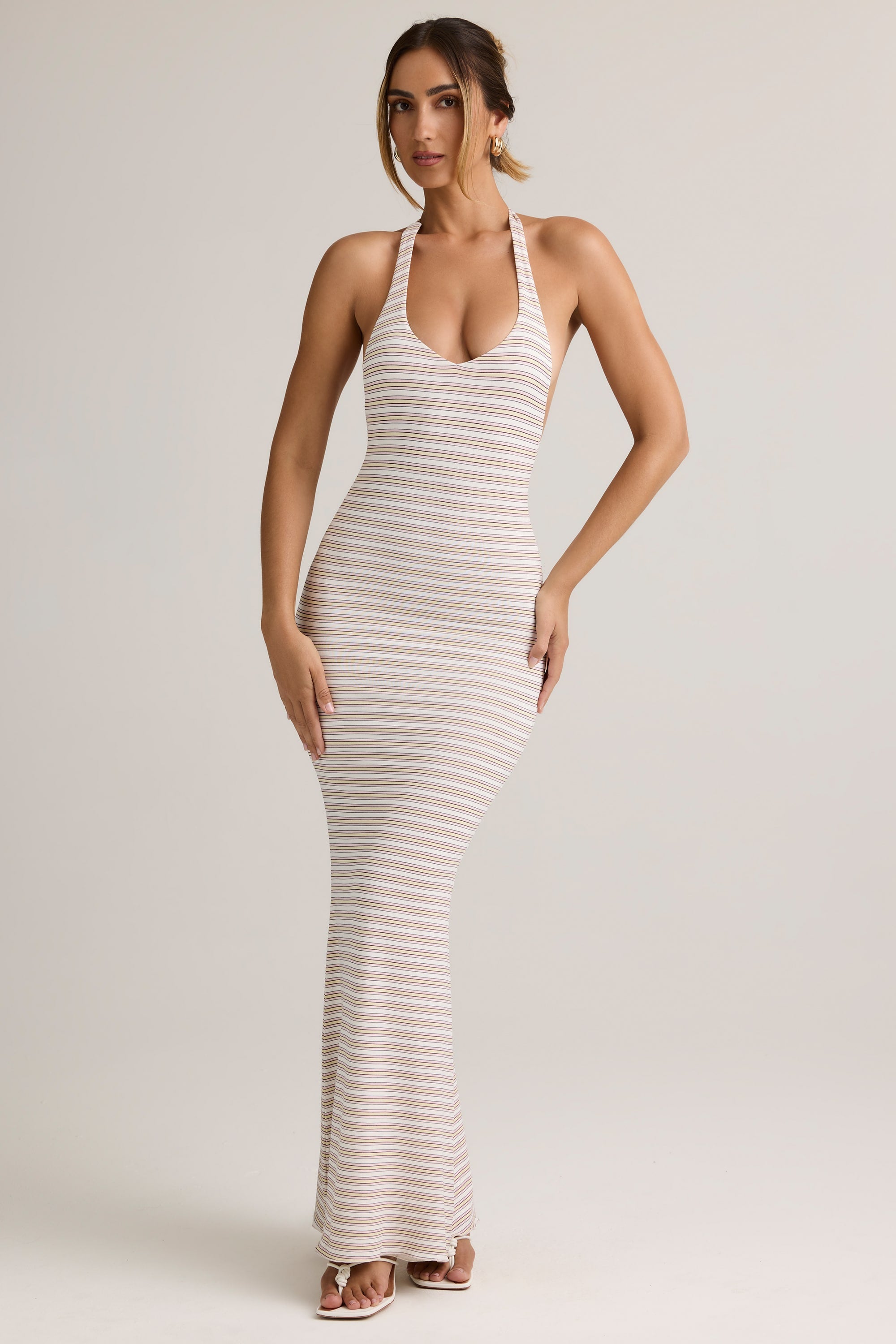 Modal Backless Halterneck Maxi Dress in Pink & Yellow Stripe