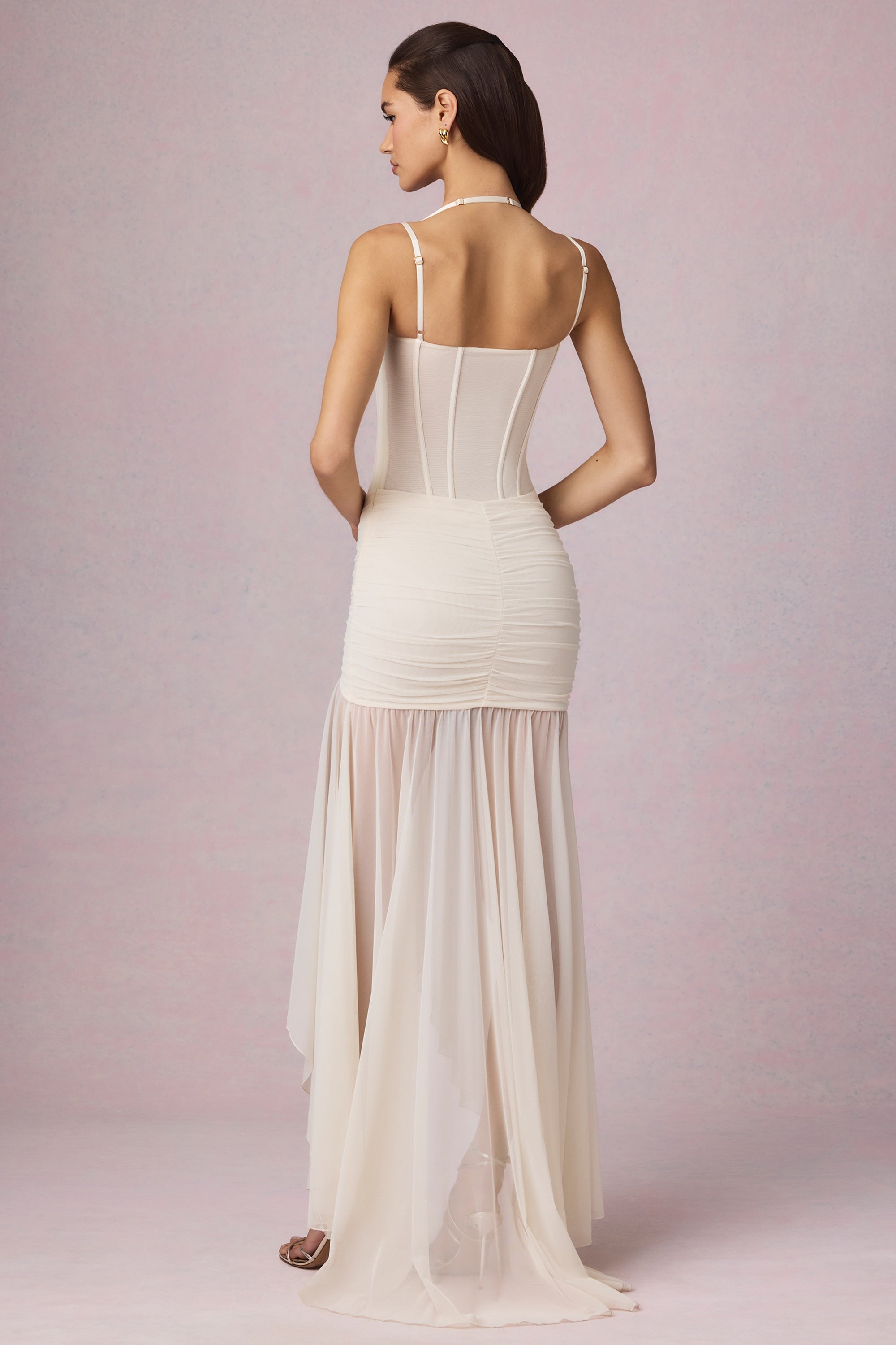 Ruched Asymmetric Corset Gown in Ivory