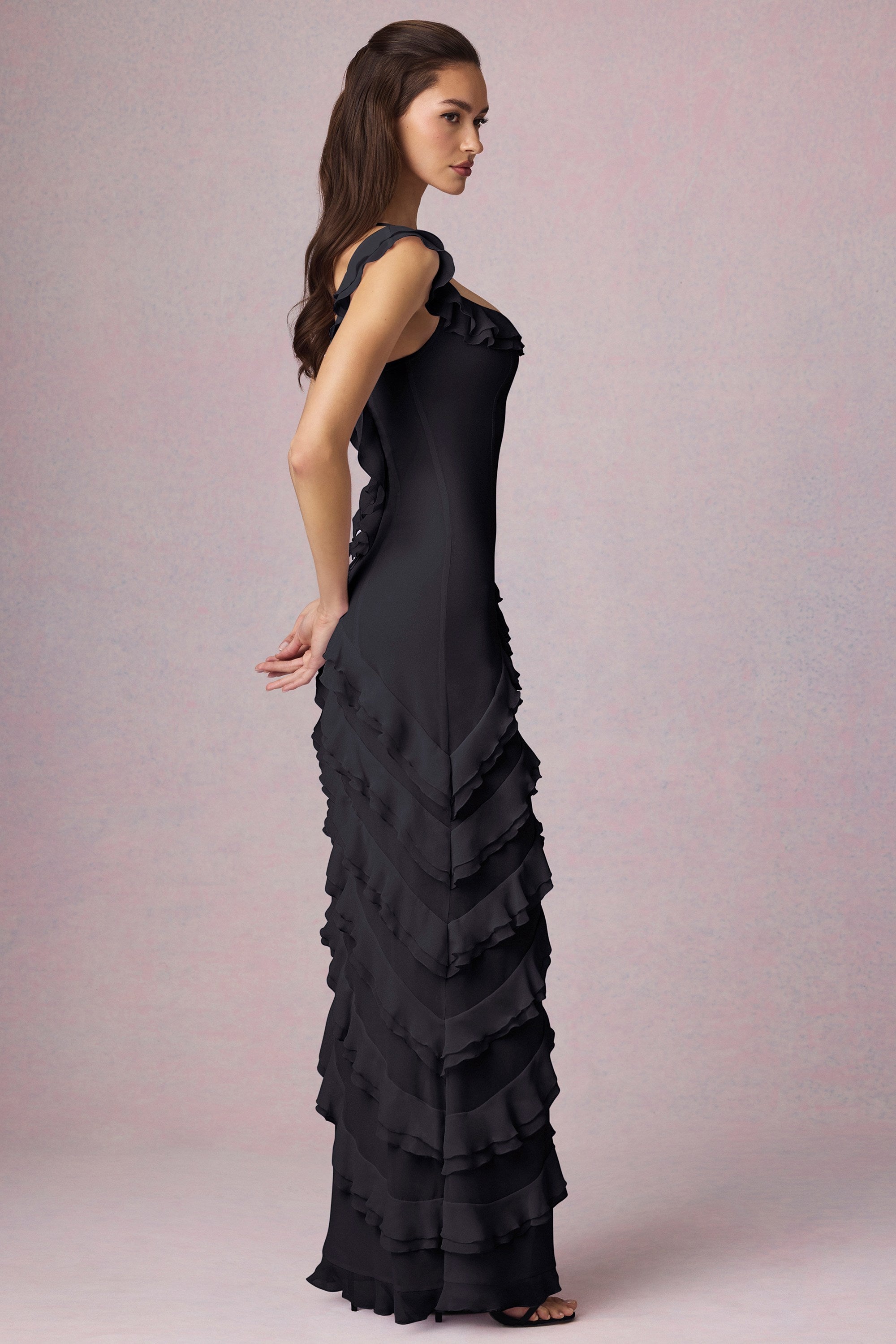 Asymmetric Ruffled Lace-Up Gown in Black