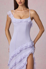 Asymmetric Ruffled Lace-Up Gown in Lilac