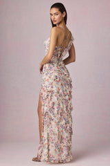 Asymmetric Ruffled Lace-Up Gown in Primrose Floral Print