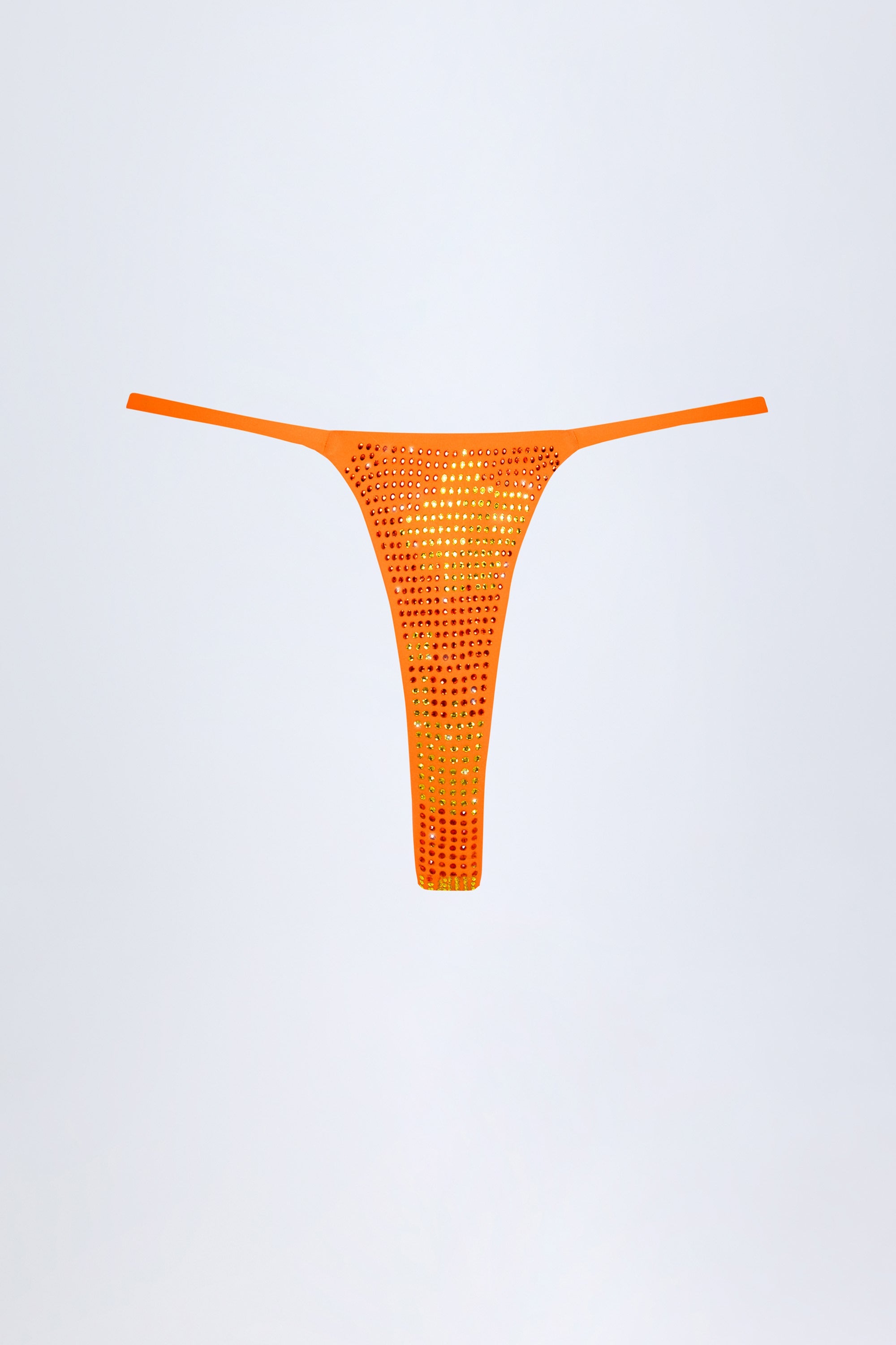 Embellished Thong Bikini Bottoms in Orange Tropical Hotfix