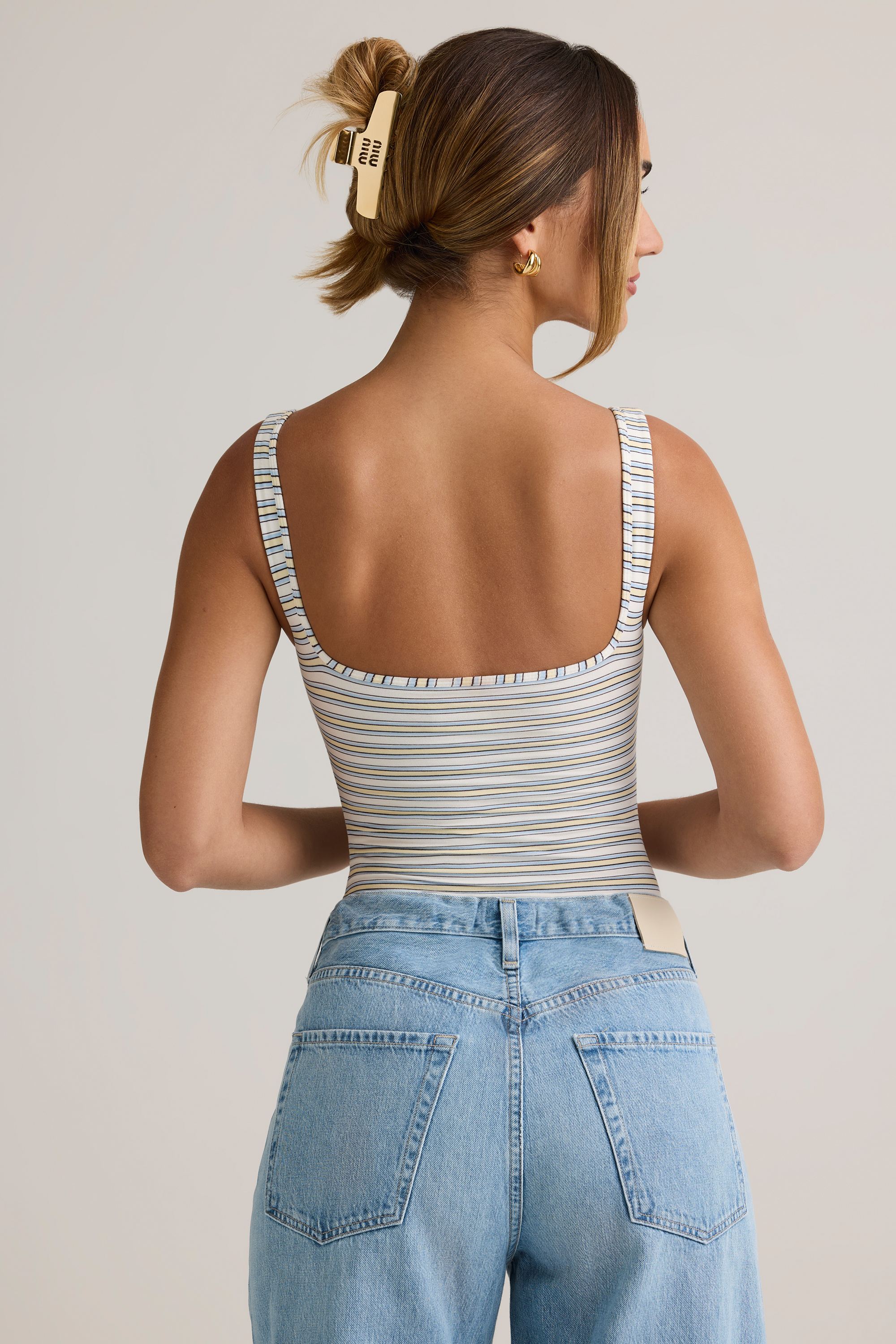 Modal Square-Neck Bodysuit in Blue & Yellow Stripe